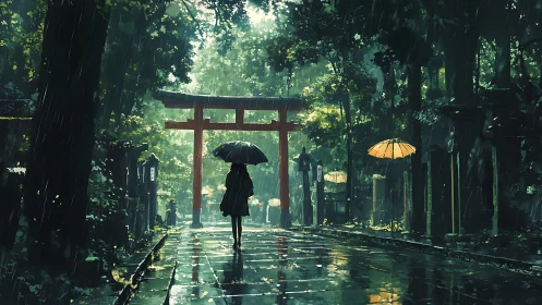 Rain-soaked shrine path with torii gate and solitary umbrella figure