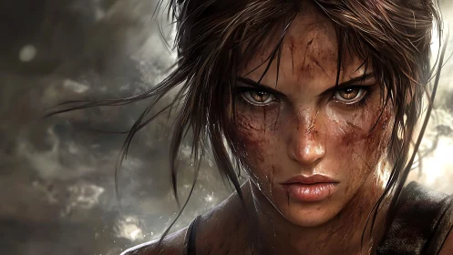 Fierce battle hardened woman with intense muddy face stare.