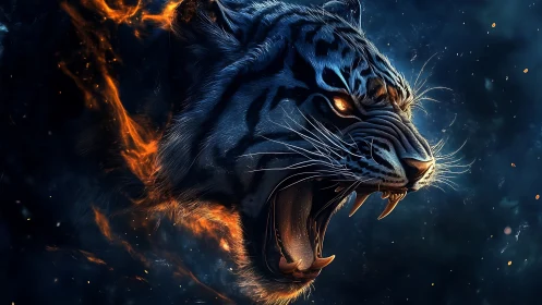 Digital painting of a roaring infernal tiger head profile.