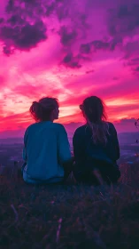 Friends watch neon sunset under saturated magenta sky.
