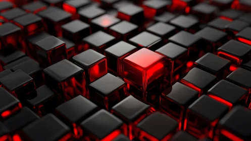 Glossy red cubes glowing quietly in a dark digital grid.