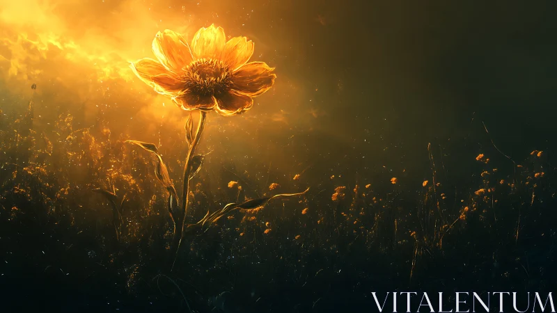 Backlit golden flower emerges from shadowed meadow in glow