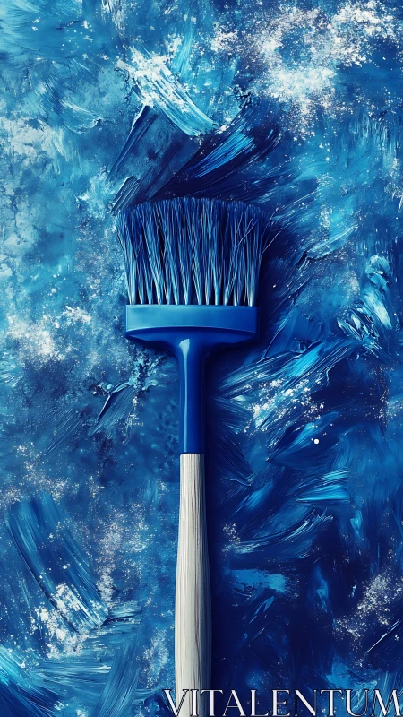 Bold blue paintbrush rests on expressive abstract canvas.
