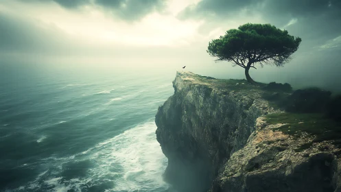 Solitary cliffside tree watching over the misty ocean edge.