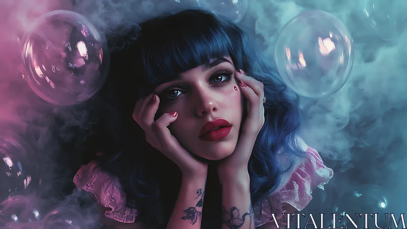 Neon lit blue haired woman in vaporous bubble filled atmosphere