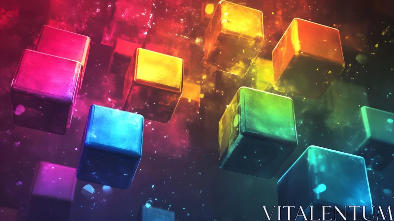 Neon space cubes drift like glowing pixels in slow orbit