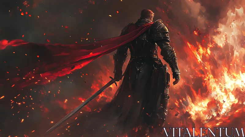 Armored warrior with sword stands against raging wildfire.