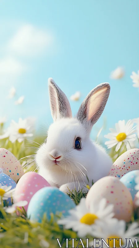 Sweet white bunny cuddled among pastel spring eggs outdoors.