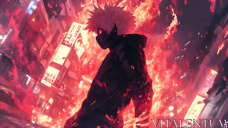 Masked figure stands amid red flames in urban night scene