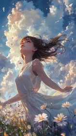 Wind-kissed dreamer drifts upward through a painted sky