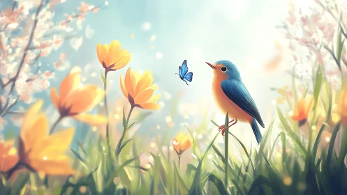 Bluebird and Butterfly in Sunlit Wildflowers, Digital Art Style.