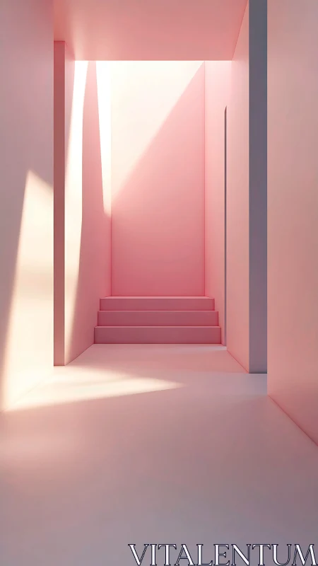 Minimalist Architectural Stairwell: Monochromatic Pink Volumetric Space with Gradient Lighting