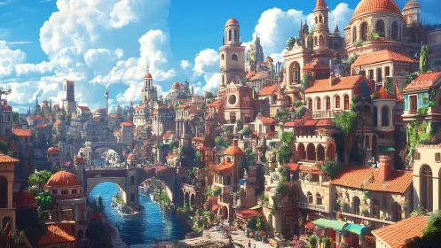 Sunlit terraced canal city with domed Mediterranean towers.