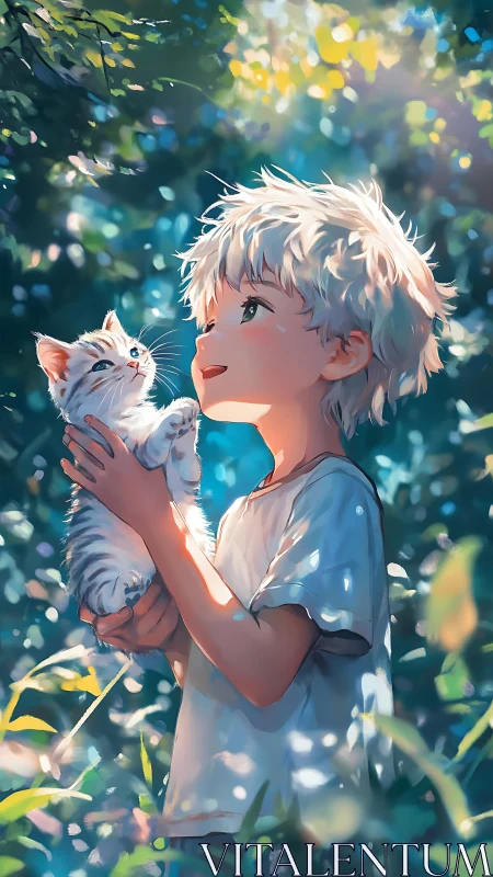 Backlit blonde child holding kitten in lush sunlit forest