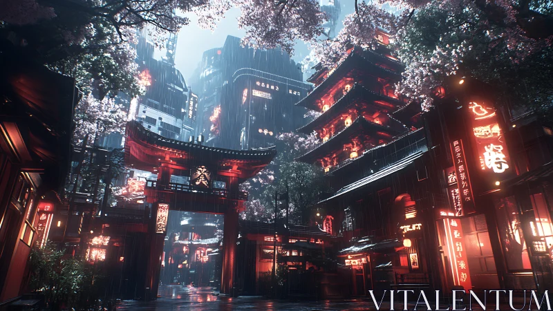 Urban nightscape integrates neon towers and temple gates