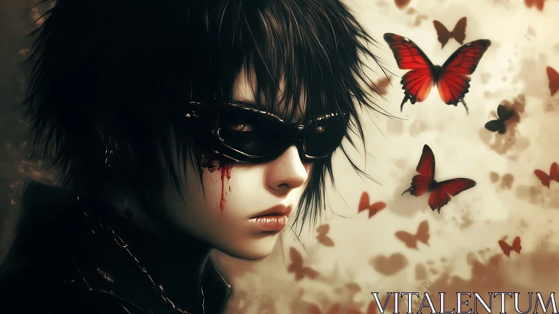 Gothic youth in dark goggles beside red monarch butterflies