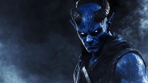 Brooding blue horned demon smolders in stormlit shadow.