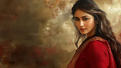 Elegant woman in red saree, digital painting with warm tones.