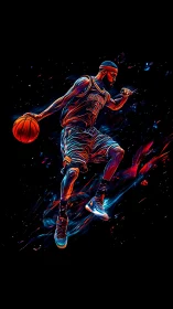 Neon digital artwork of dynamic basketball player in motion.