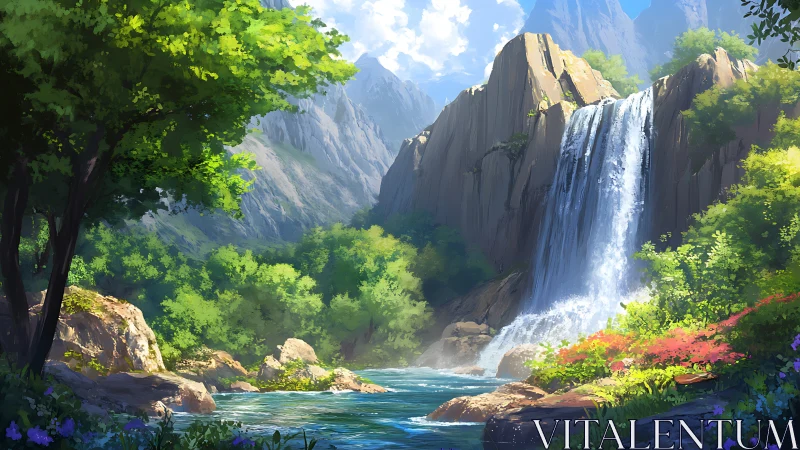 Sunlit canyon waterfall humming over emerald daydreams.