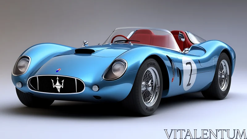 Low-slung blue vintage race car rendered with high-gloss reflections