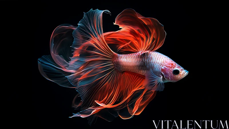 Betta fish with flowing red fins on black background.