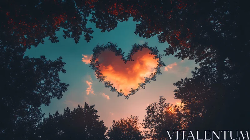 Heart-shaped cloud forms between forest canopy at golden hour.