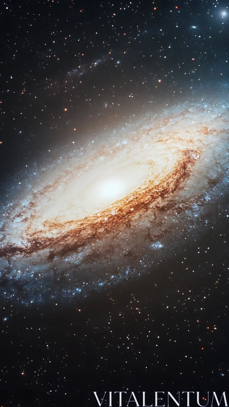 Oblique barred spiral galaxy with dense stellar halo rendered.