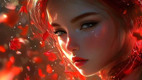 Hyperreal autumn portrait of red-haired girl with maple leaves