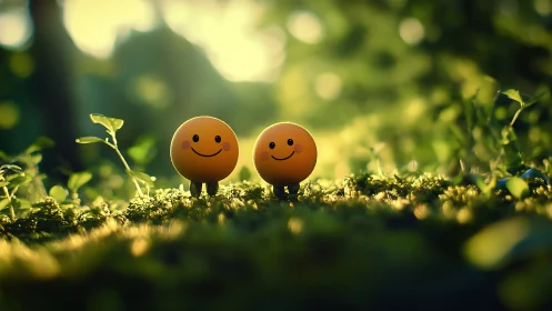 Smiling yellow friends stand glowing in a dreamy forest meadow.