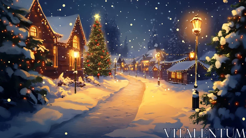 Snowy village street glows with warm Christmas lights at night