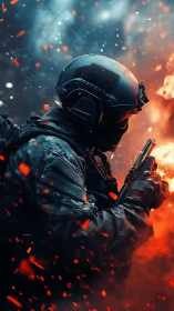 Tactical soldier in combat gear amid sparks and flames.