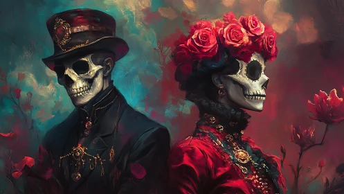 Elegant skeletal couple in crimson baroque day of dead attire.