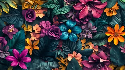 Digital bouquet of multicolored flowers and foliage.