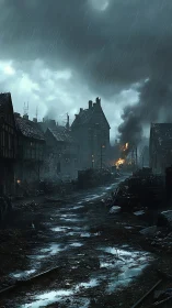 Rain-soaked medieval slum street under stormy sky.