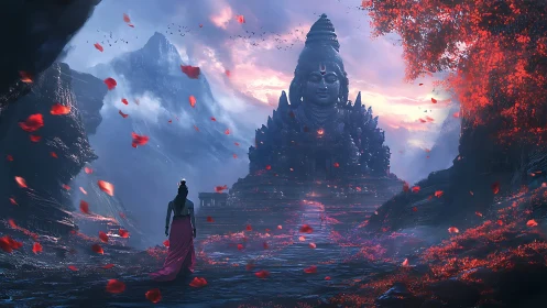 Woman walks toward giant mountain temple statue at dusk.
