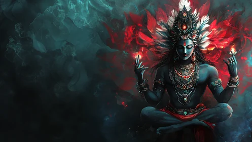 Luminescent deity in meditative suspension amid chromatic plumes.