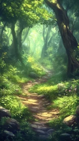 Sunlit Forest Path Through Ancient Trees.