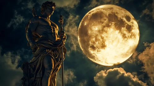 Heroic marble statue stands before glowing full moon