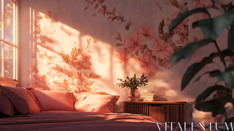 Sunlit florals drift softly across a tranquil blush bedroom