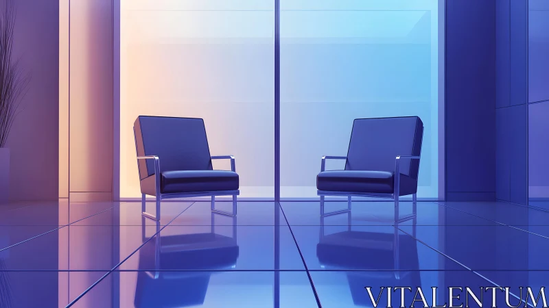 Modern minimalist office lounge with two armchairs, blue tones.