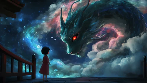 Starlit child confronting cosmic dragon above cloud bridge.
