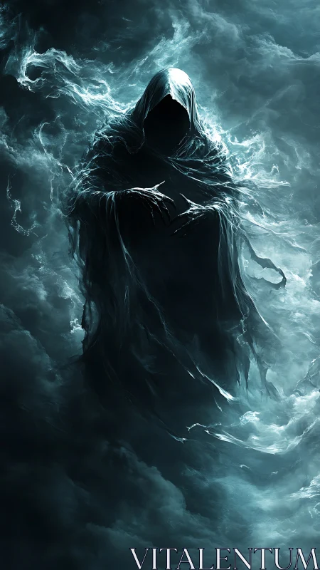Hooded spectral figure rendered in swirling cloud formations