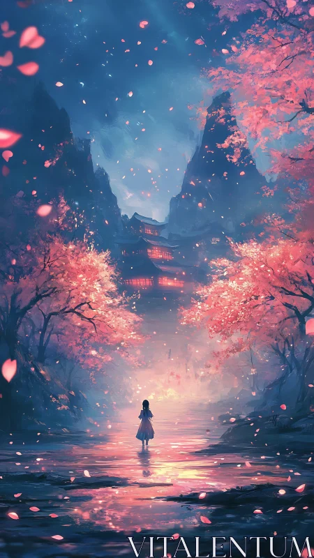 Girl on reflective path under glowing cherry trees.