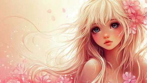 Soft anime girl portrait with flowing hair and flowers.