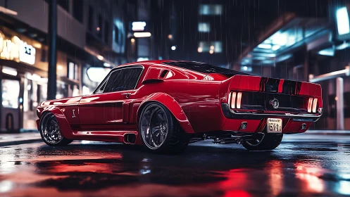 Red muscle car glows under neon lights on wet city street.
