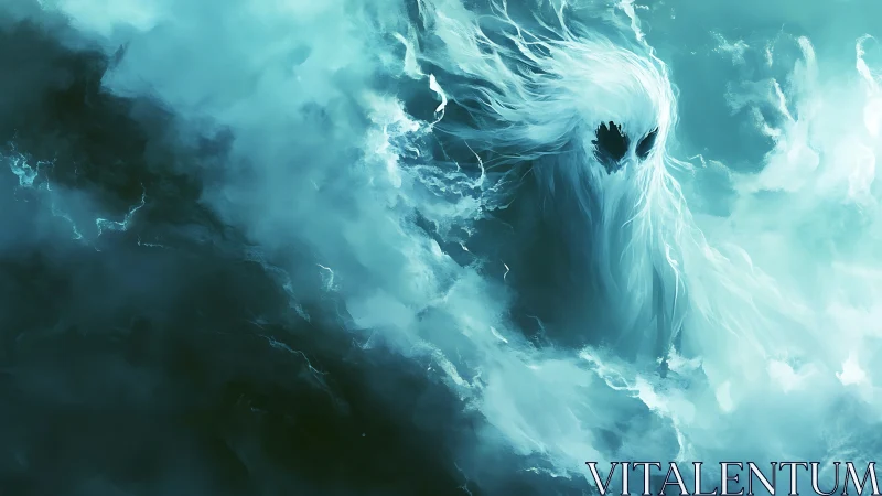 Ghostly spirit emerging from swirling teal storm clouds.