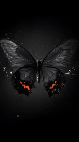Midnight black butterfly with glowing ember accents in flight.