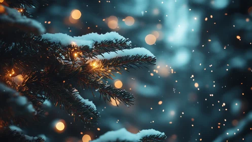 Snow-dusted fir branches with golden bokeh holiday lights.