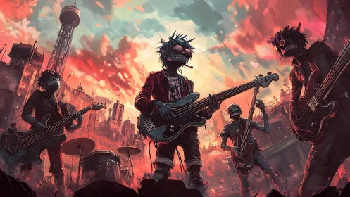 Apocalypse rooftop punk band tuning thunder over burning city.